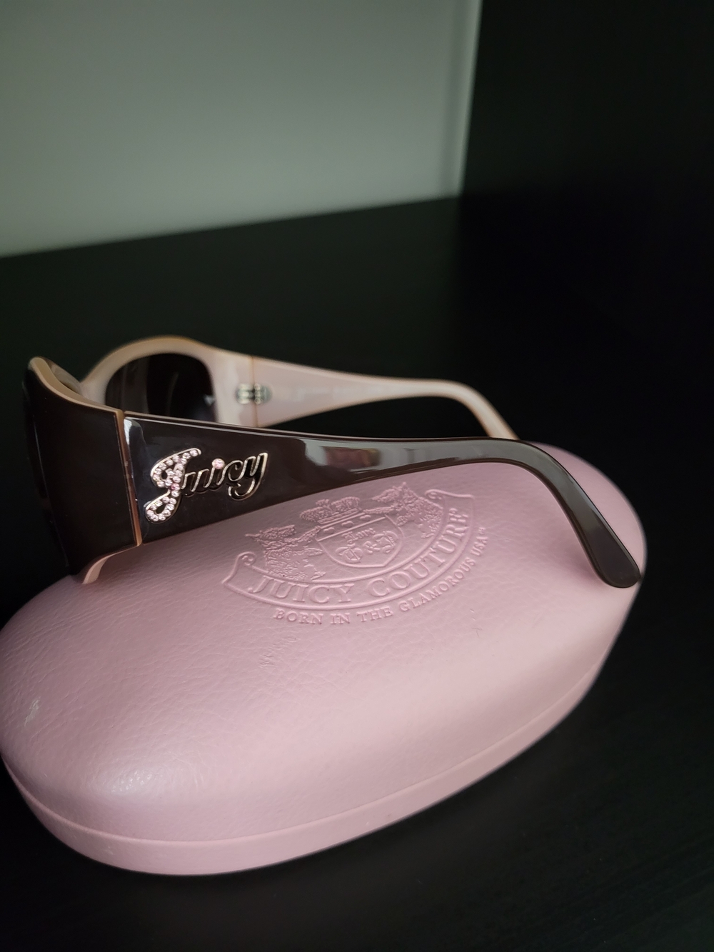 Juicy Couture Prescription Brown and Pink Crystal Logo Sunglasses with Case.